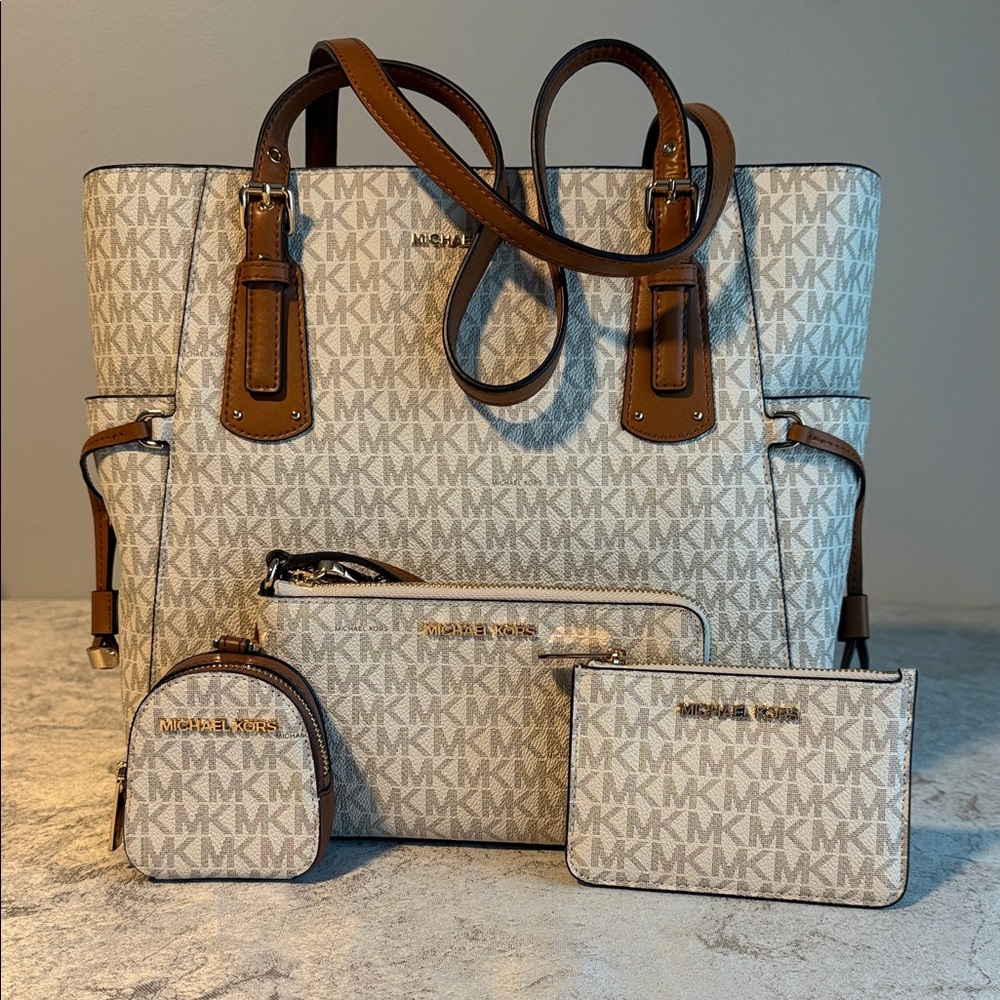 Michael Kors Vanilla Canvas Tote with Acorn Trim and Matching Pouches